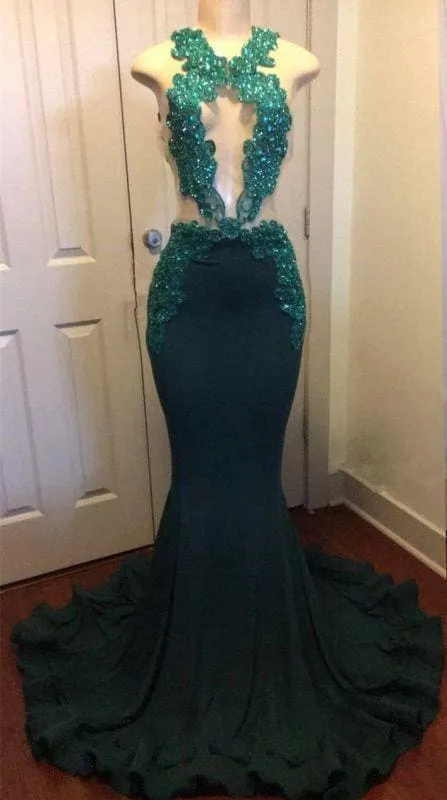 Bridelily Dark Green Sexy Mermaid Crystals Prom Dress | Sparkling Appliques Open Back Real Evening Dress FB0325-MQ0