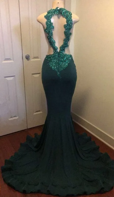 Bridelily Dark Green Sexy Mermaid Crystals Prom Dress | Sparkling Appliques Open Back Real Evening Dress FB0325-MQ0