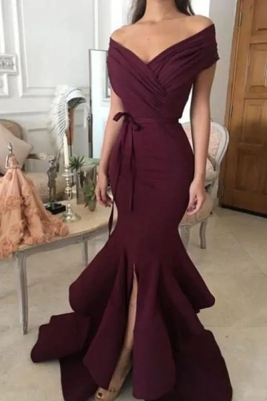 Bridelily Sexy Burgundy Mermaid Prom Dresses Off-the-Shoulder Side Slit Evening Dresses