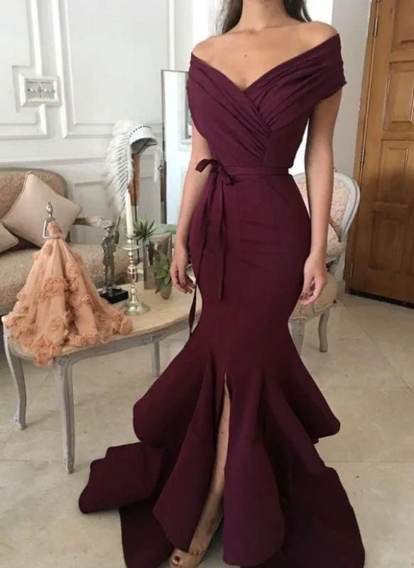 Bridelily Sexy Burgundy Mermaid Prom Dresses Off-the-Shoulder Side Slit Evening Dresses