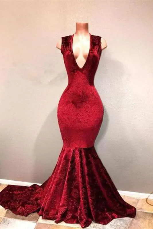 Bridelily Sexy Burgundy Mermaid Prom Dresses | V-Neck Long Print Evening Gowns