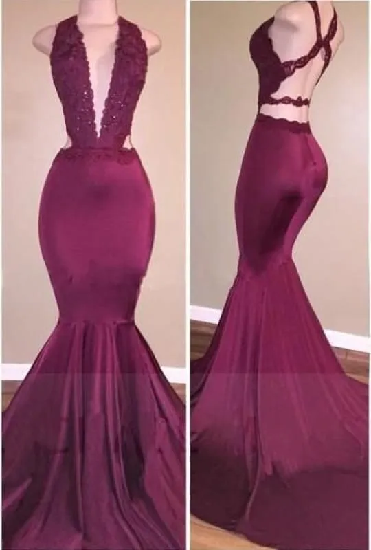 Bridelily Sexy Deep-V-Neck Beading Cross-Back Mermaid Prom Dresses