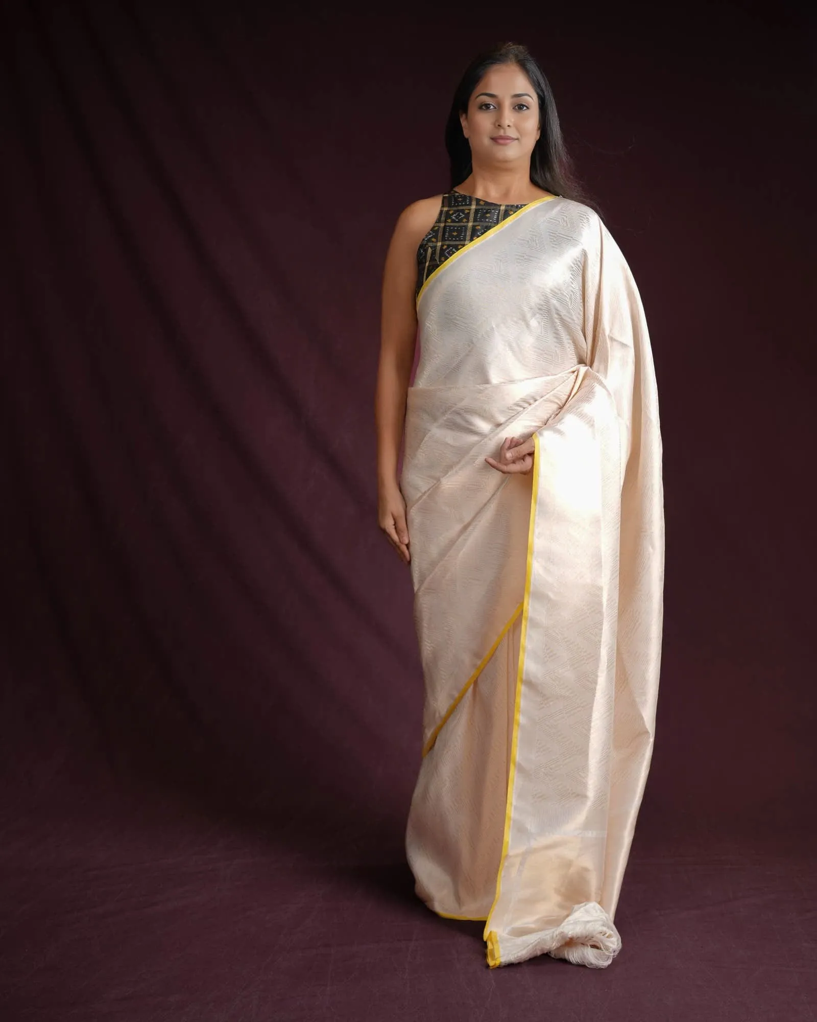 Cream Banarasi Gold Zari Glitch Chevron Brocade Handwoven Katan Silk Saree