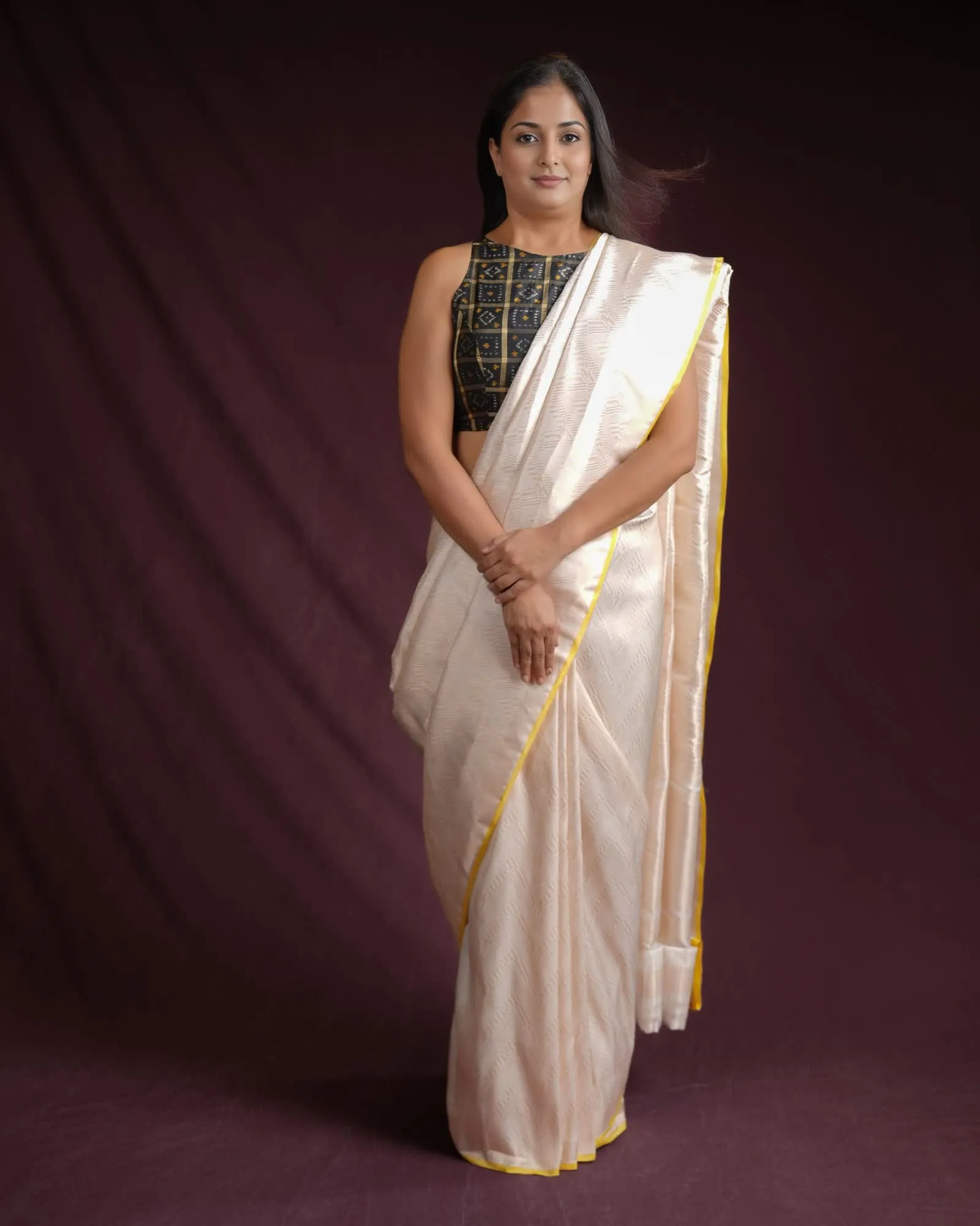 Cream Banarasi Gold Zari Glitch Chevron Brocade Handwoven Katan Silk Saree