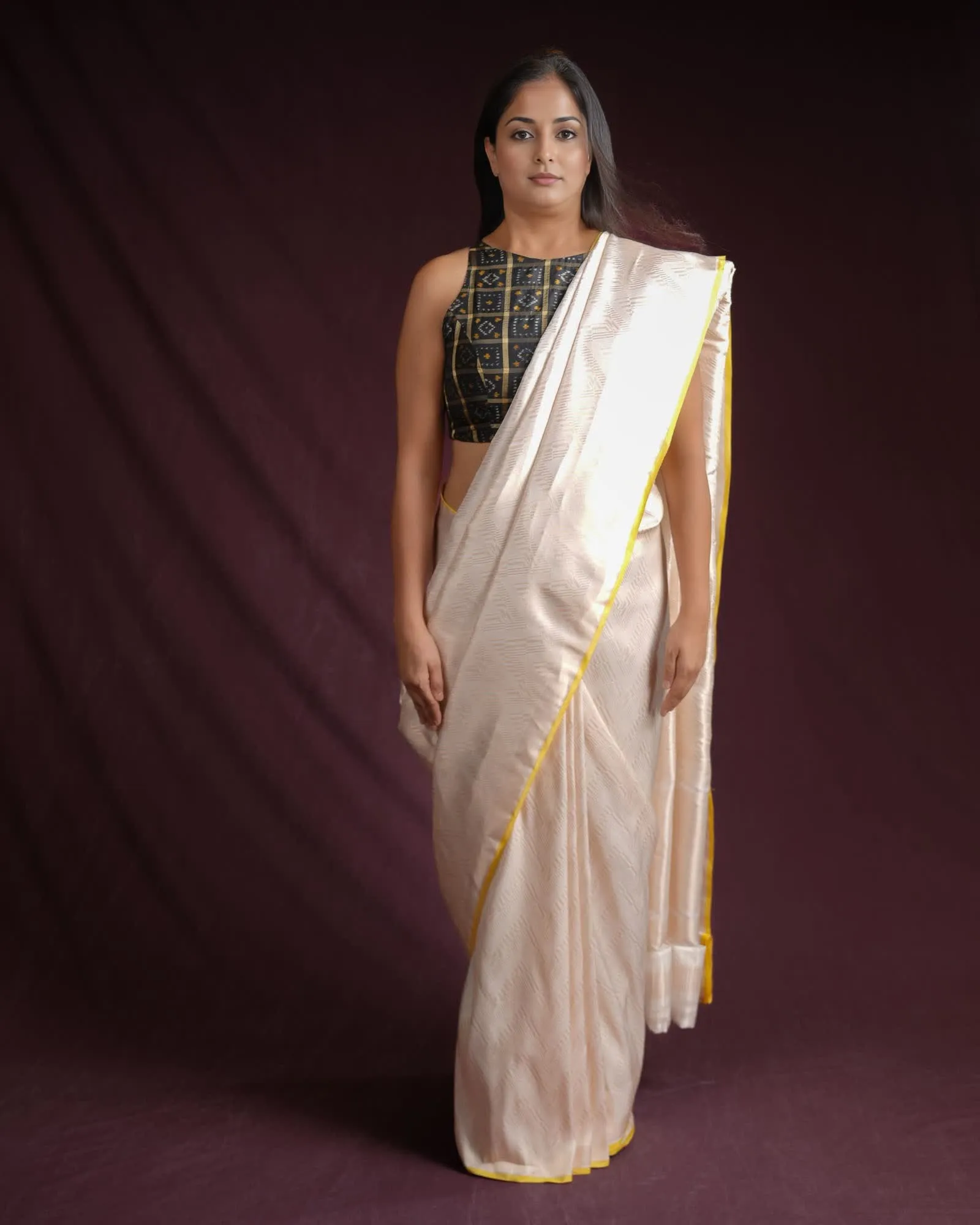 Cream Banarasi Gold Zari Glitch Chevron Brocade Handwoven Katan Silk Saree