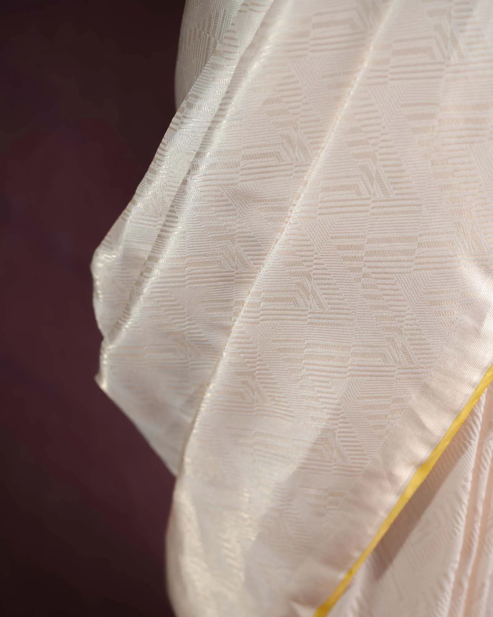 Cream Banarasi Gold Zari Glitch Chevron Brocade Handwoven Katan Silk Saree