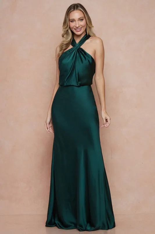 Dark Green Cross Neck Cut Out Back Satin Maxi Dress