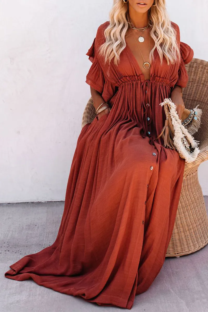 Dunnmall Elegant Solid Frenulum Buckle V Neck A Line Maxi Dresses(7 Colors)