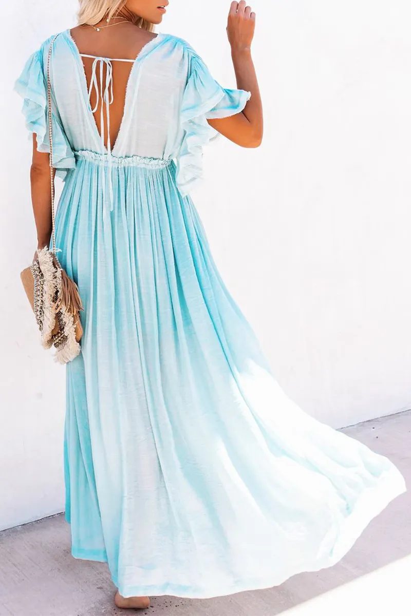 Dunnmall Elegant Solid Frenulum Buckle V Neck A Line Maxi Dresses(7 Colors)