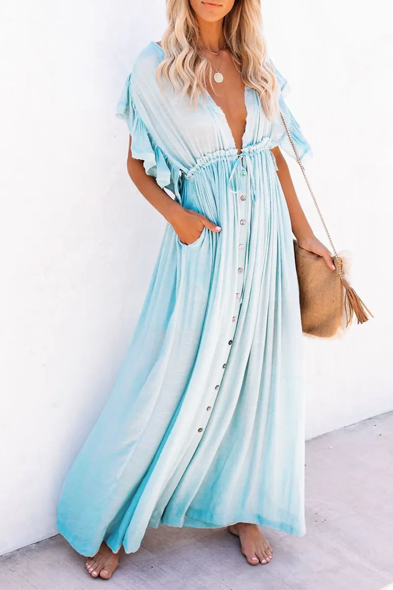 Dunnmall Elegant Solid Frenulum Buckle V Neck A Line Maxi Dresses(7 Colors)