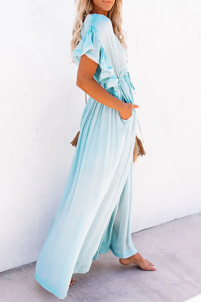 Dunnmall Elegant Solid Frenulum Buckle V Neck A Line Maxi Dresses(7 Colors)