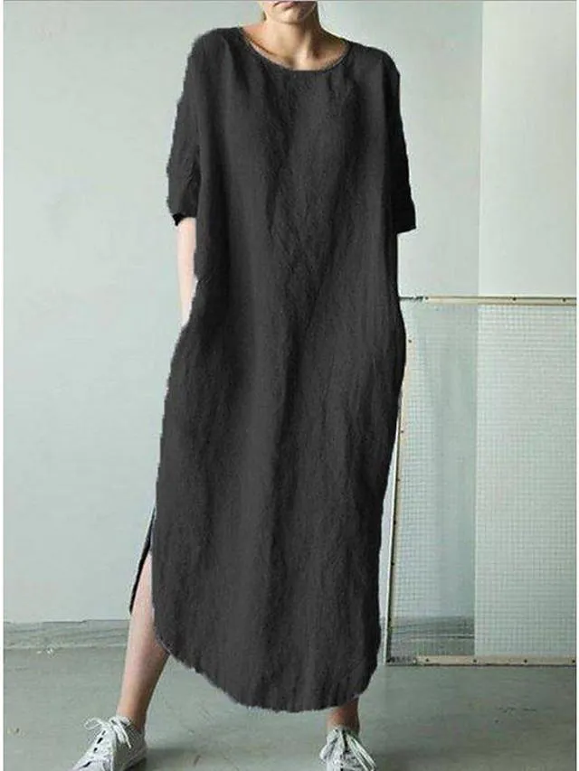 Dunnmall Women's Shift Dress Midi Dress - Short Sleeve Solid Color Summer Hot Casual Loose White Black Khaki Green Dark Gray Gray Light Blue S M L XL XXL 3XL 4XL 5XL
