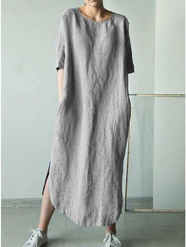 Dunnmall Women's Shift Dress Midi Dress - Short Sleeve Solid Color Summer Hot Casual Loose White Black Khaki Green Dark Gray Gray Light Blue S M L XL XXL 3XL 4XL 5XL