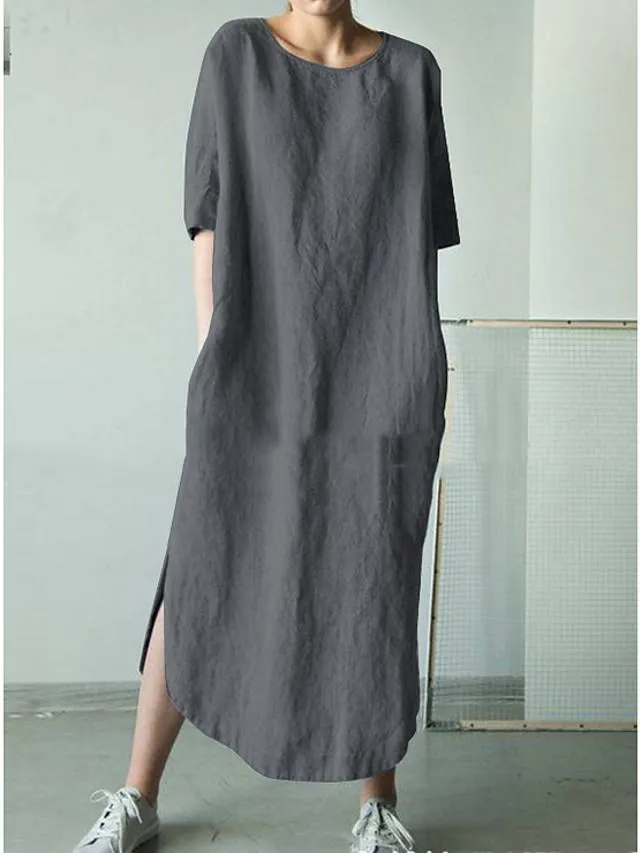 Dunnmall Women's Shift Dress Midi Dress - Short Sleeve Solid Color Summer Hot Casual Loose White Black Khaki Green Dark Gray Gray Light Blue S M L XL XXL 3XL 4XL 5XL