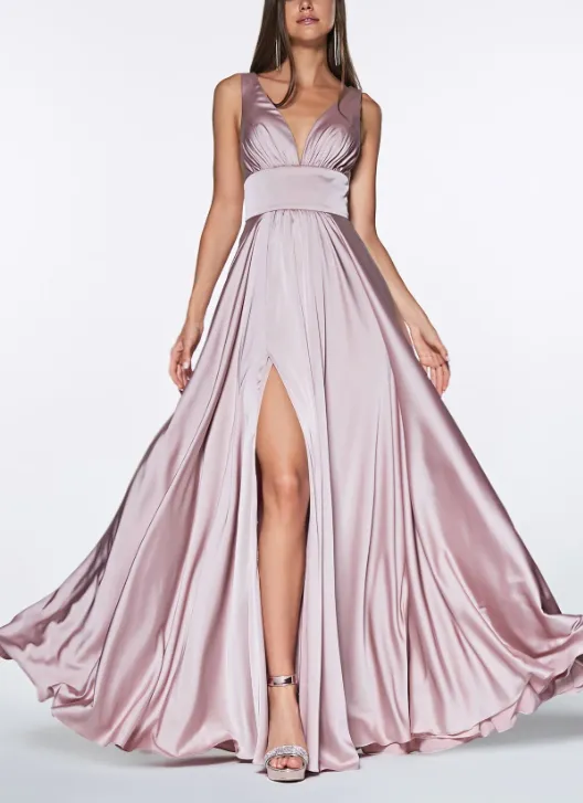 Elegant Formal Women's Dresses Evening Wear Long Satin V-Neck Dress with Slit