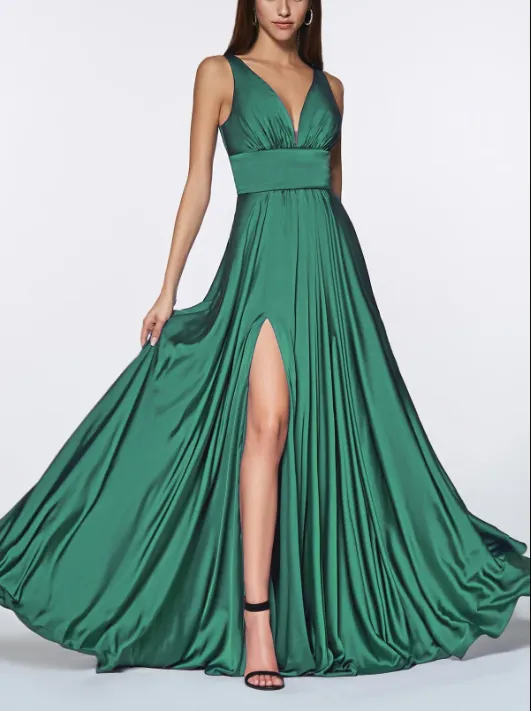 Elegant Formal Women's Dresses Evening Wear Long Satin V-Neck Dress with Slit