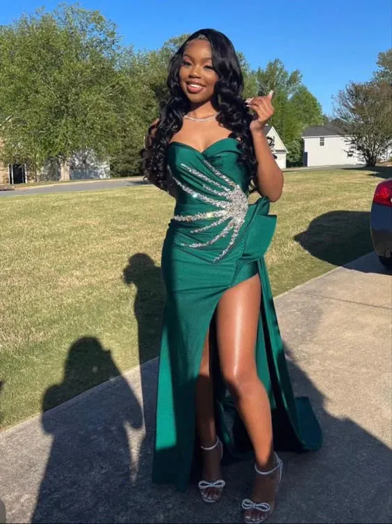 Elegant Green Mermaid Prom Dress Beaded Long Evening Gown Formal Wear Dresses