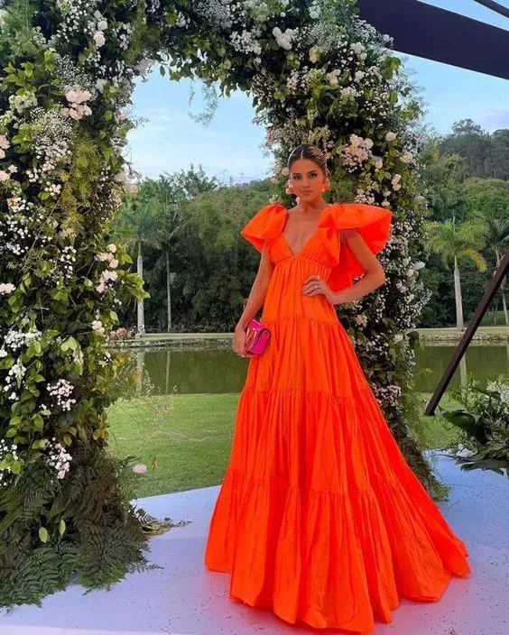 Elegant Orange A Line V Neck Prom Dress Evening Party Dress Formal Wear Dress