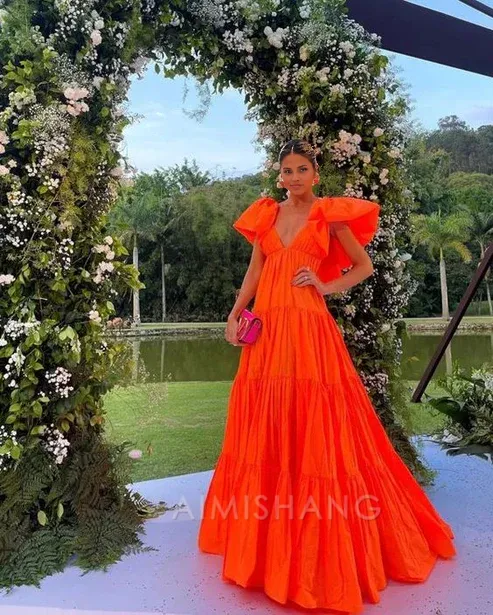 Elegant Orange A Line V Neck Prom Dress Evening Party Dress Formal Wear Dress
