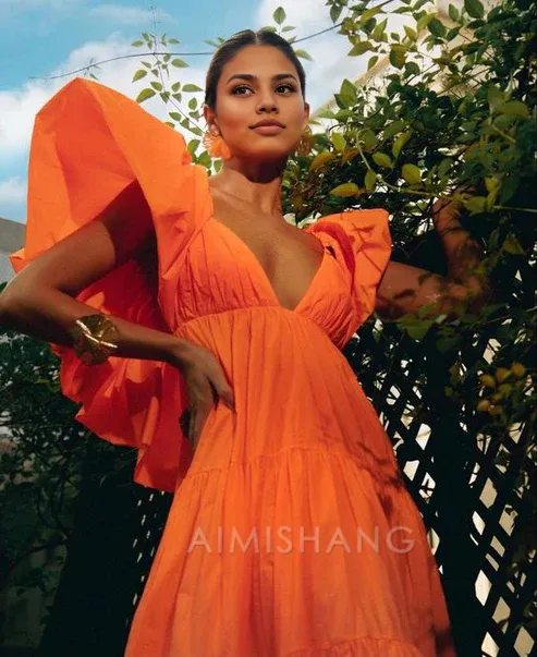Elegant Orange A Line V Neck Prom Dress Evening Party Dress Formal Wear Dress
