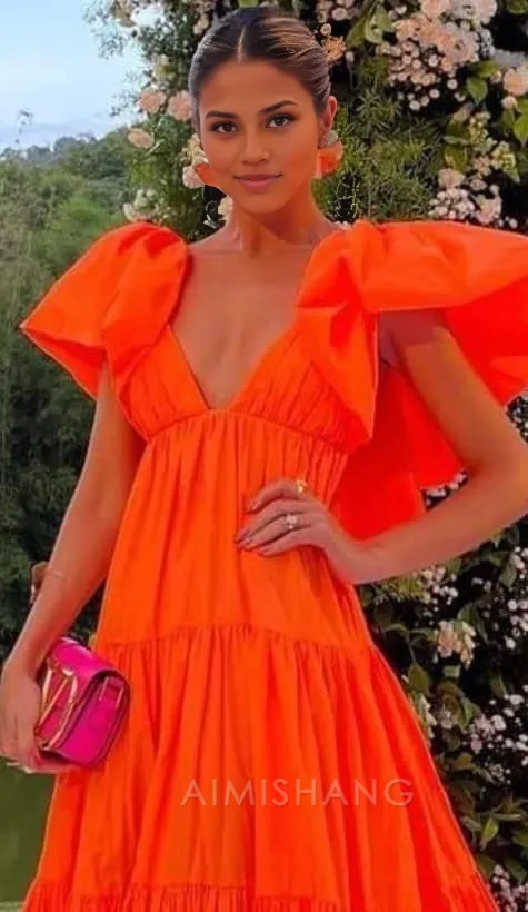 Elegant Orange A Line V Neck Prom Dress Evening Party Dress Formal Wear Dress