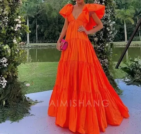 Elegant Orange A Line V Neck Prom Dress Evening Party Dress Formal Wear Dress