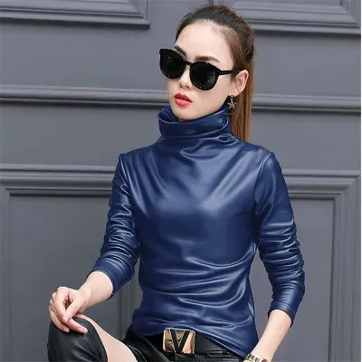 European punk plus size women blouse autumn turtleneck long sleeve tops shirt ladies velvet stretch camisas PU leather blouses D18103104