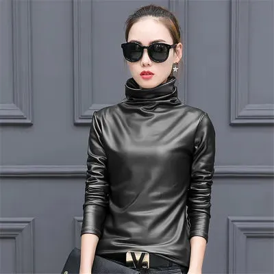 European punk plus size women blouse autumn turtleneck long sleeve tops shirt ladies velvet stretch camisas PU leather blouses D18103104