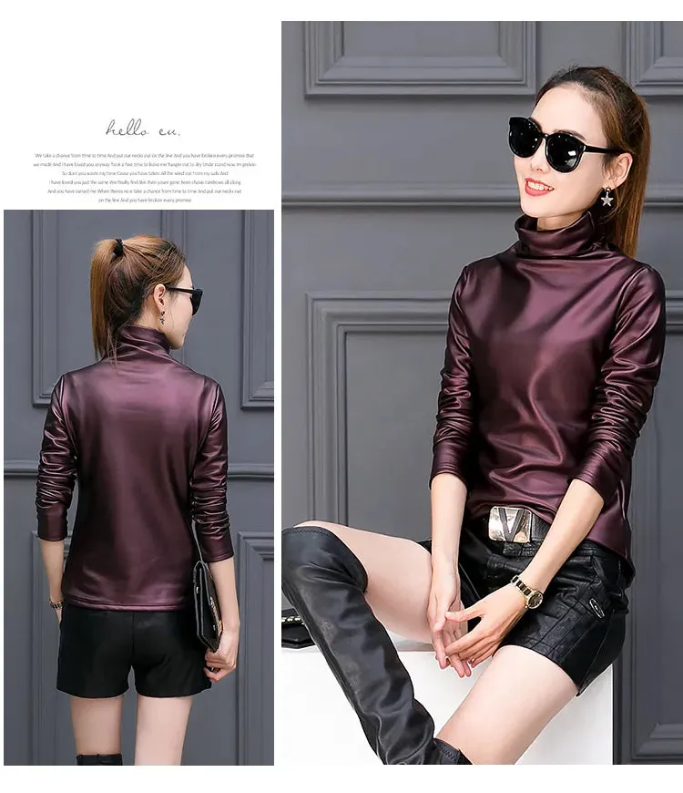 European punk plus size women blouse autumn turtleneck long sleeve tops shirt ladies velvet stretch camisas PU leather blouses D18103104