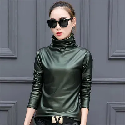 European punk plus size women blouse autumn turtleneck long sleeve tops shirt ladies velvet stretch camisas PU leather blouses D18103104