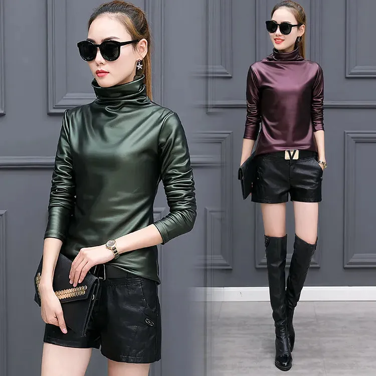 European punk plus size women blouse autumn turtleneck long sleeve tops shirt ladies velvet stretch camisas PU leather blouses D18103104