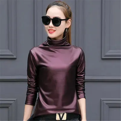 European punk plus size women blouse autumn turtleneck long sleeve tops shirt ladies velvet stretch camisas PU leather blouses D18103104
