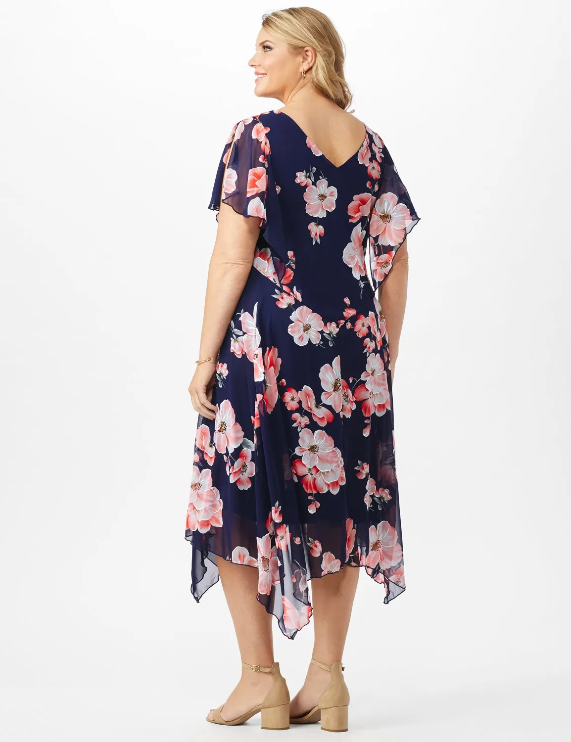 Floral Chiffon Drape Neck Hanky Hem Dress