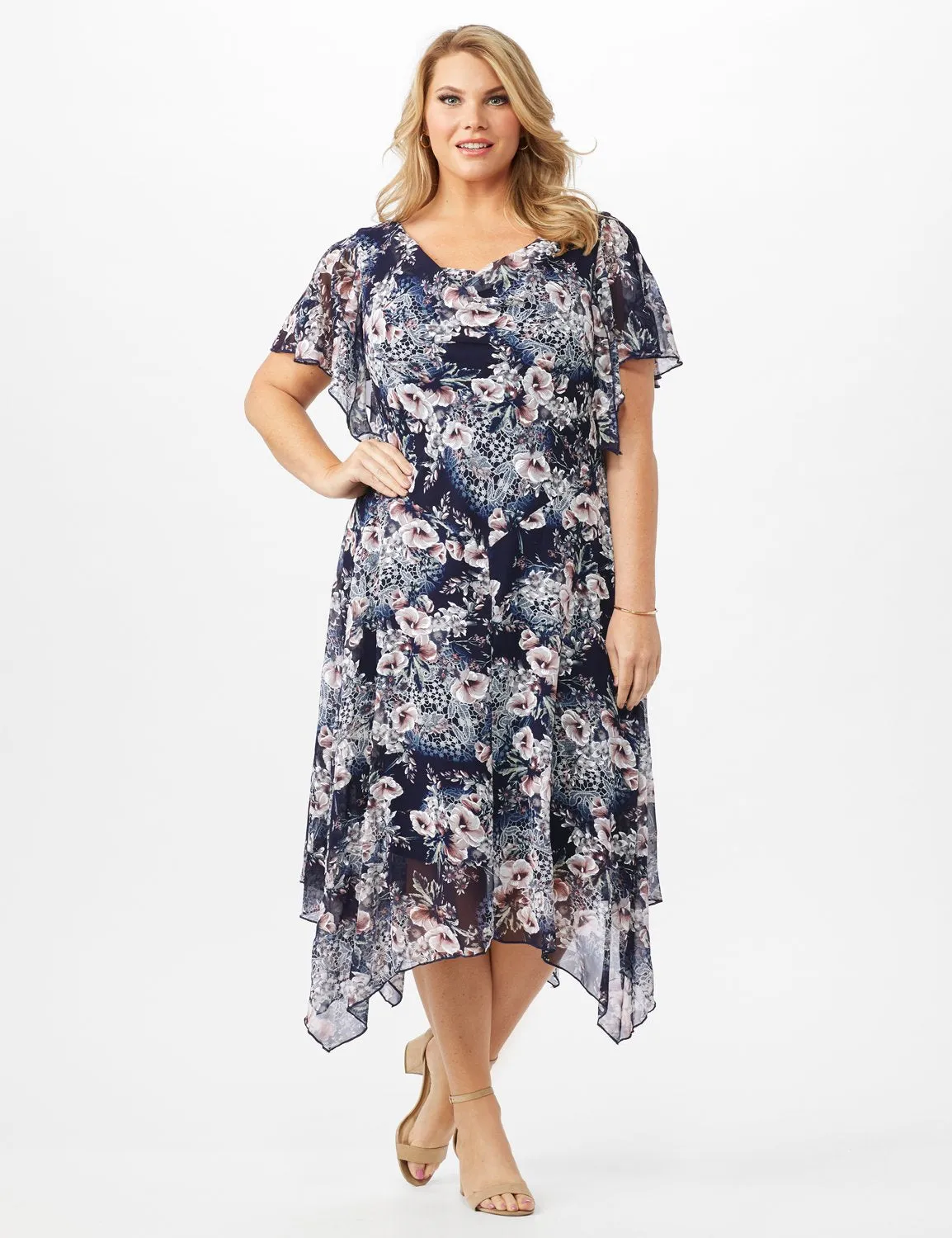 Floral Chiffon Drape Neck Hanky Hem Dress