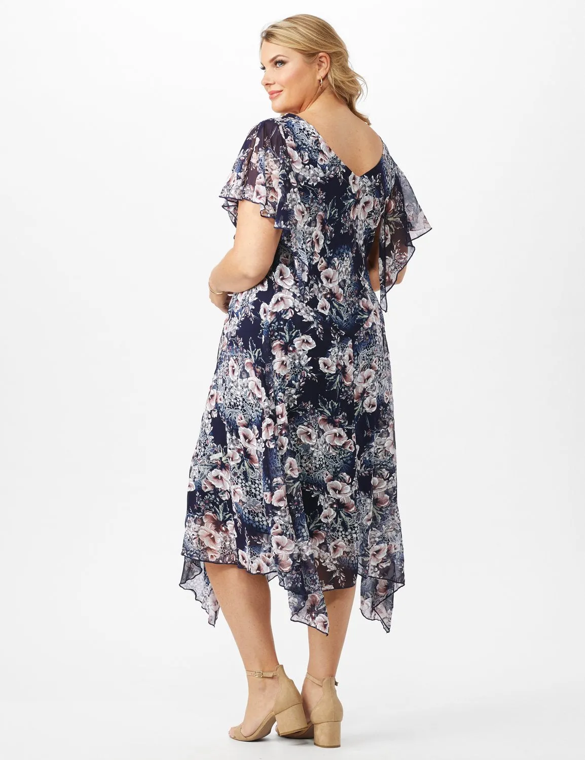 Floral Chiffon Drape Neck Hanky Hem Dress