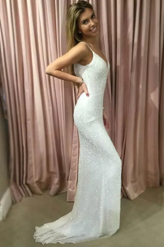 Glorious Fabulous Latest Spaghetti Straps V Neck Sequins Prom Sexy Sparkly Mermaid Party Dress