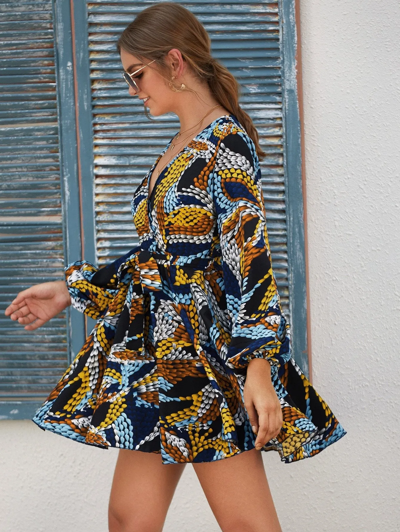Graphic Wrap Front Belted Dress