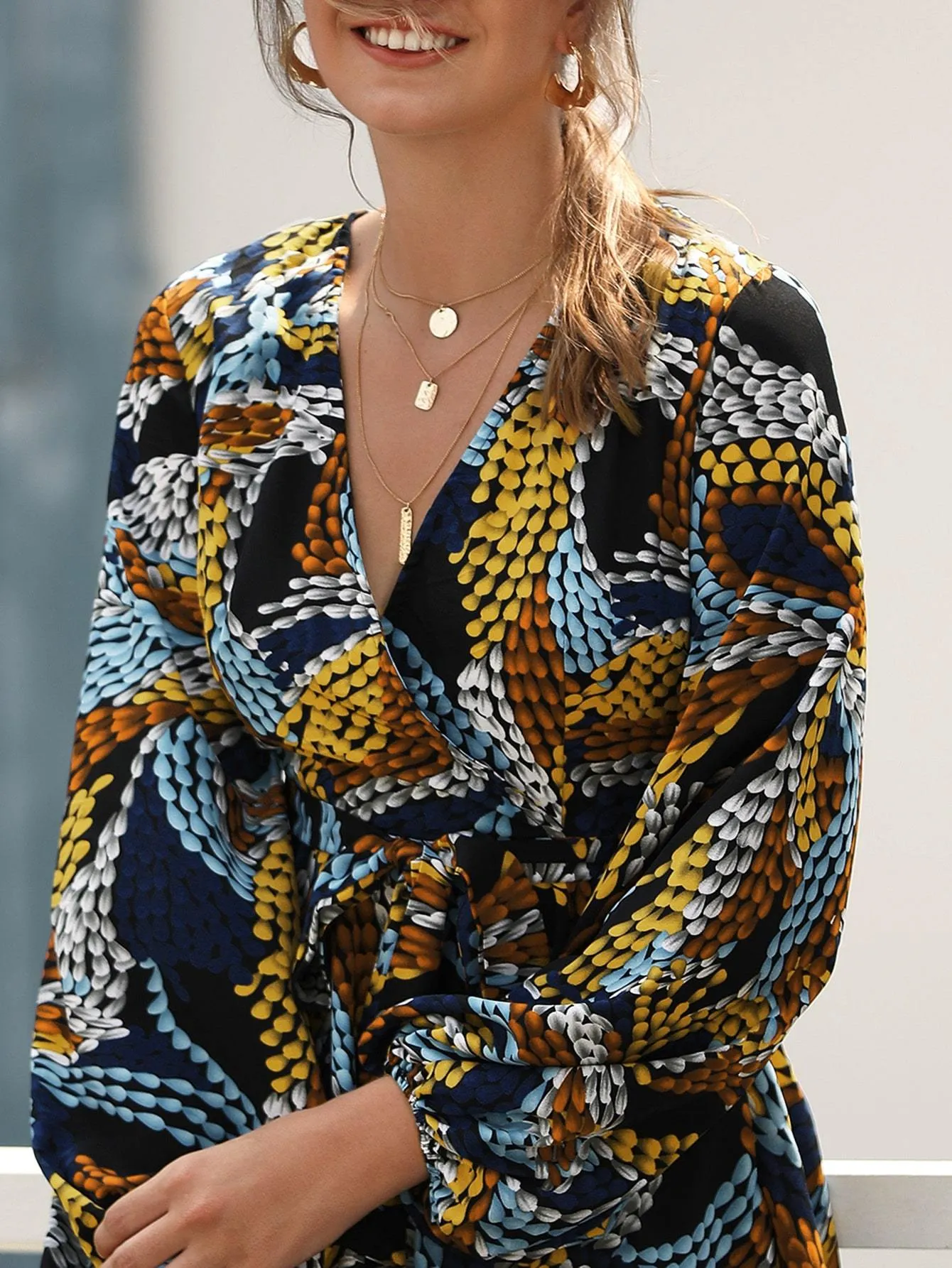 Graphic Wrap Front Belted Dress