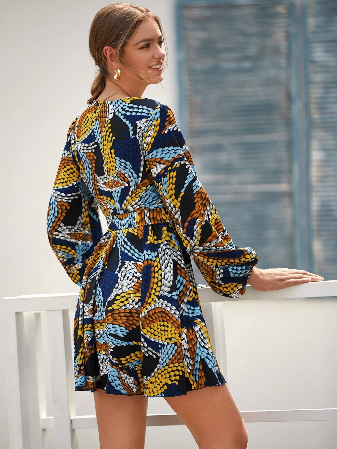 Graphic Wrap Front Belted Dress