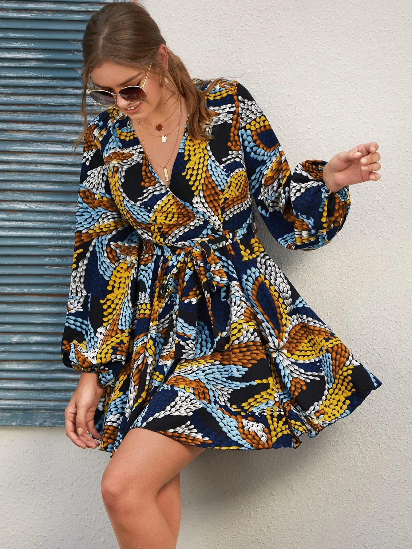 Graphic Wrap Front Belted Dress