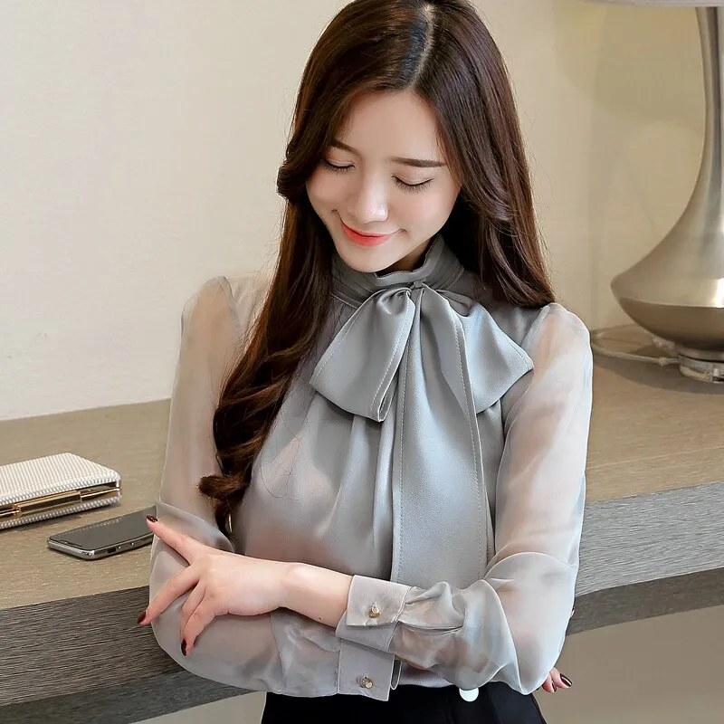 Joskaa Back To College Autmun long sleeve shirt women fashion womens tops and blouses 2024 solid bow stand collar office blouses women blusas 1286 40
