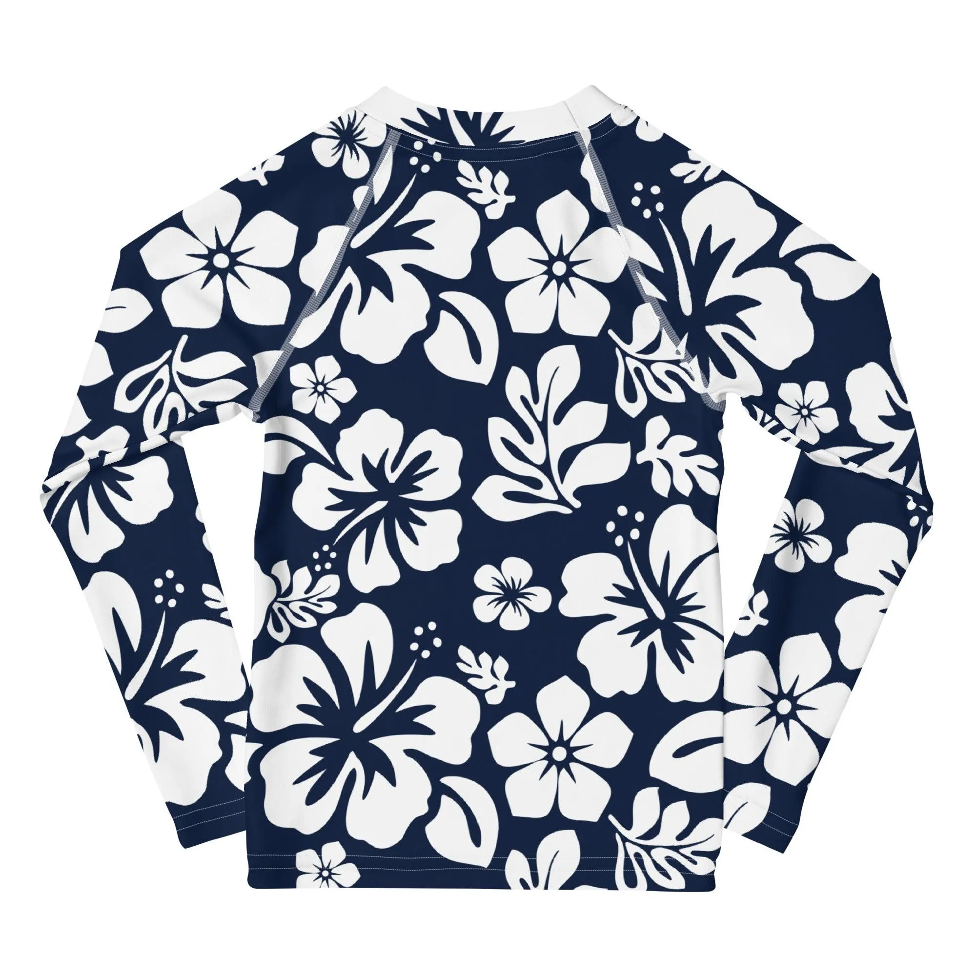 Kids Navy Blue and White Hawaiian Flowers Rash Guard