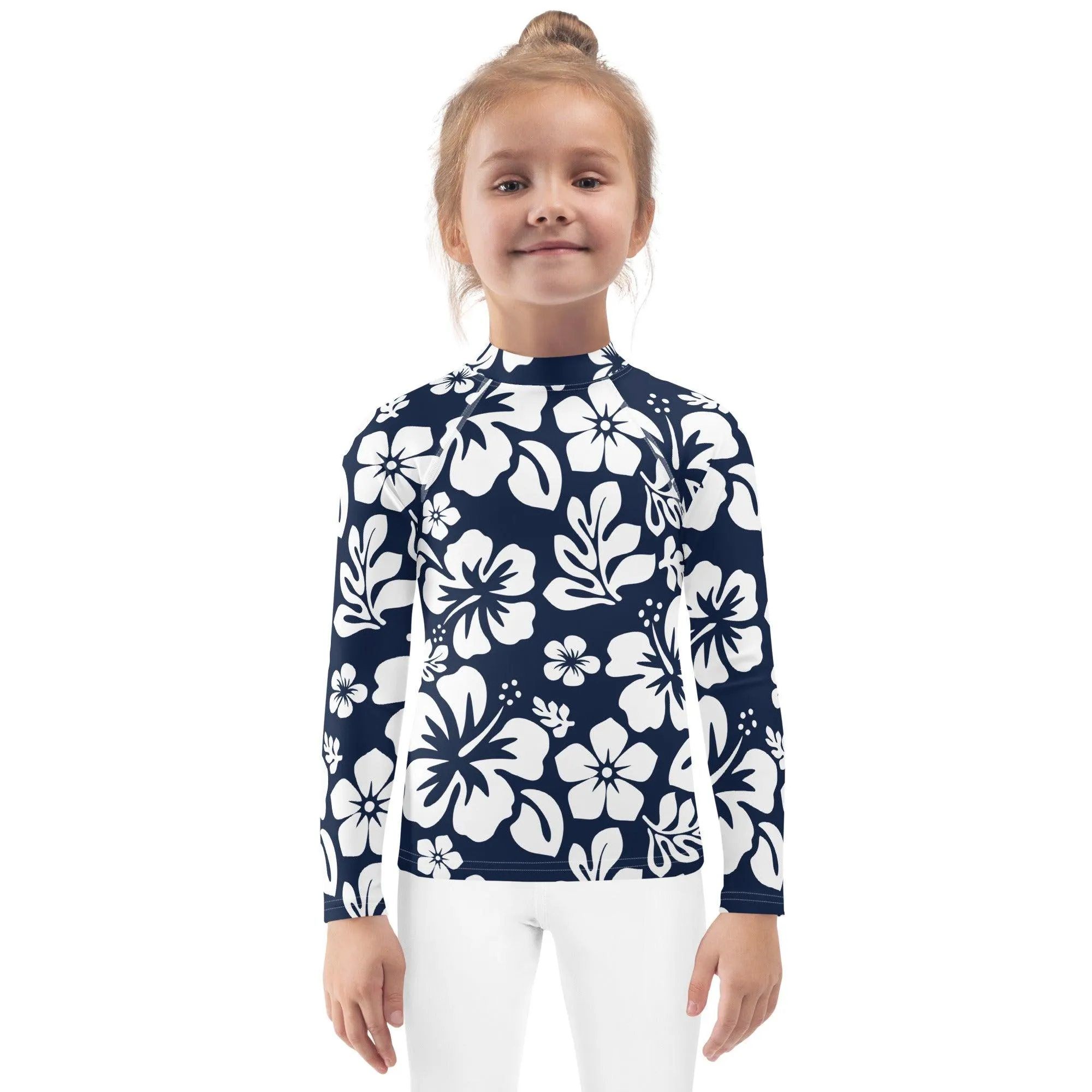 Kids Navy Blue and White Hawaiian Flowers Rash Guard