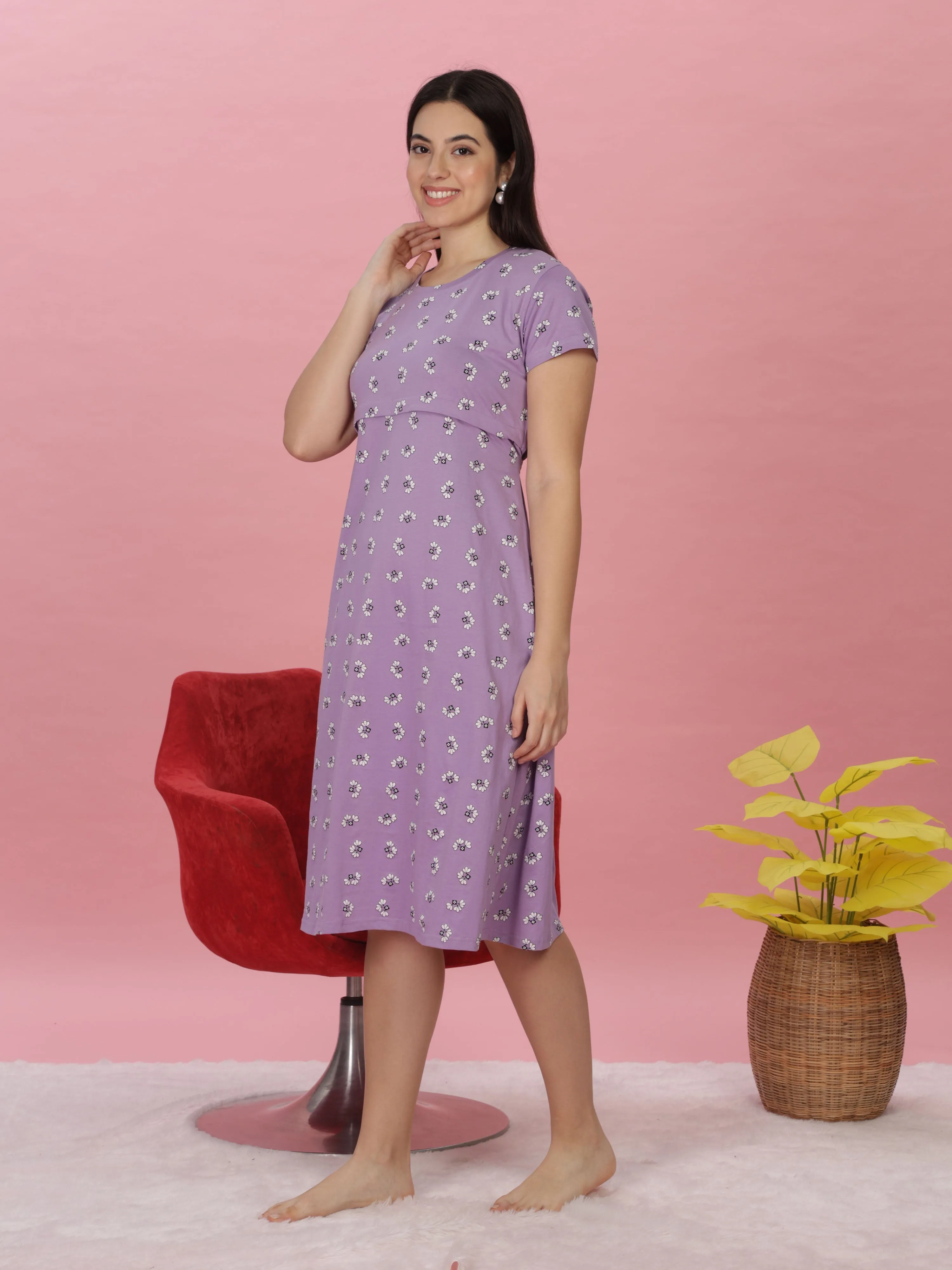 Lilac Maternity Nighty Soft Cotton, Nursing & Pregnancy Nightwear