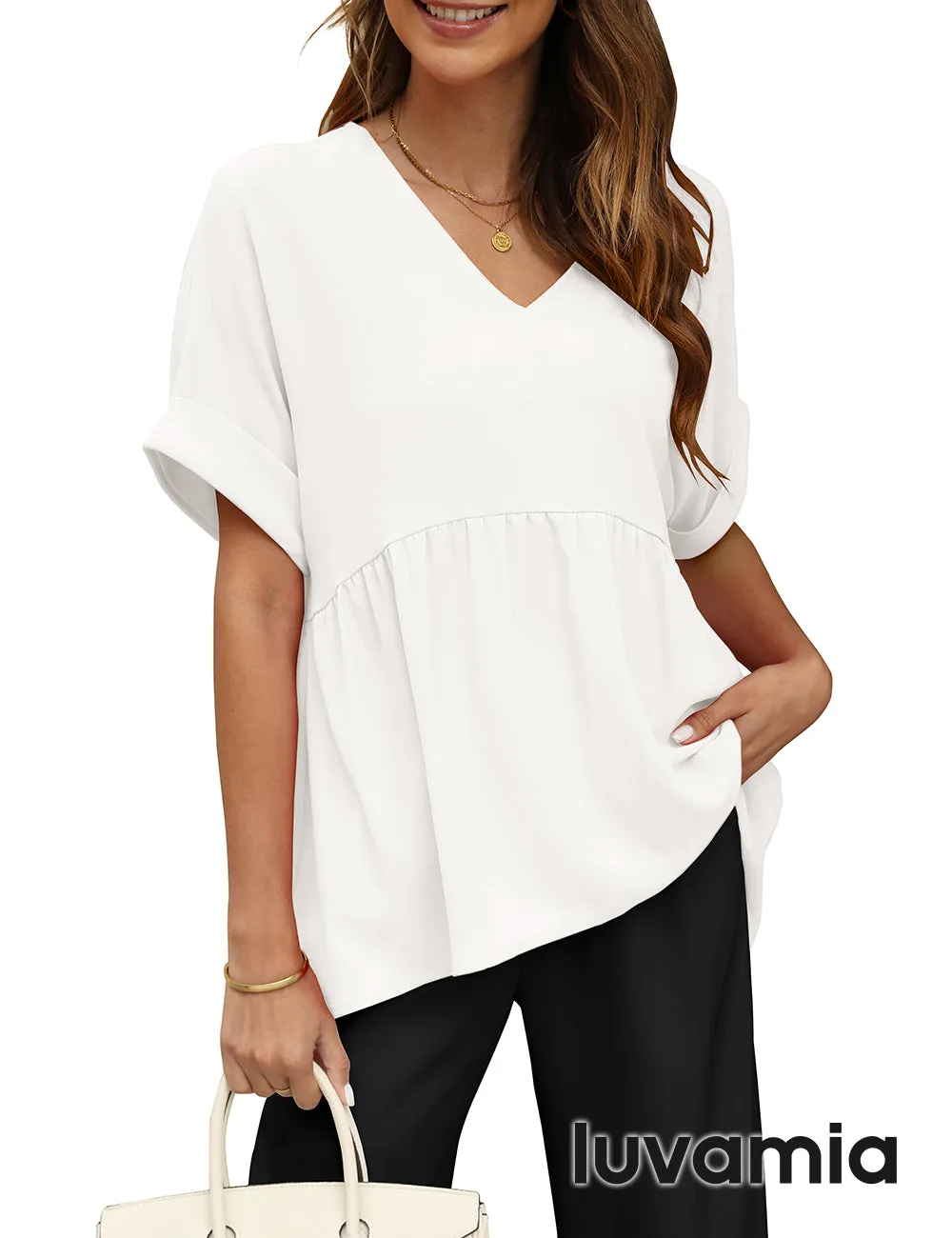 luvamia Blouses for Women Dressy Casual Babydoll Flowy Tops V Neck Tunic Tops Loose Fit Batwing Sleeves Summer