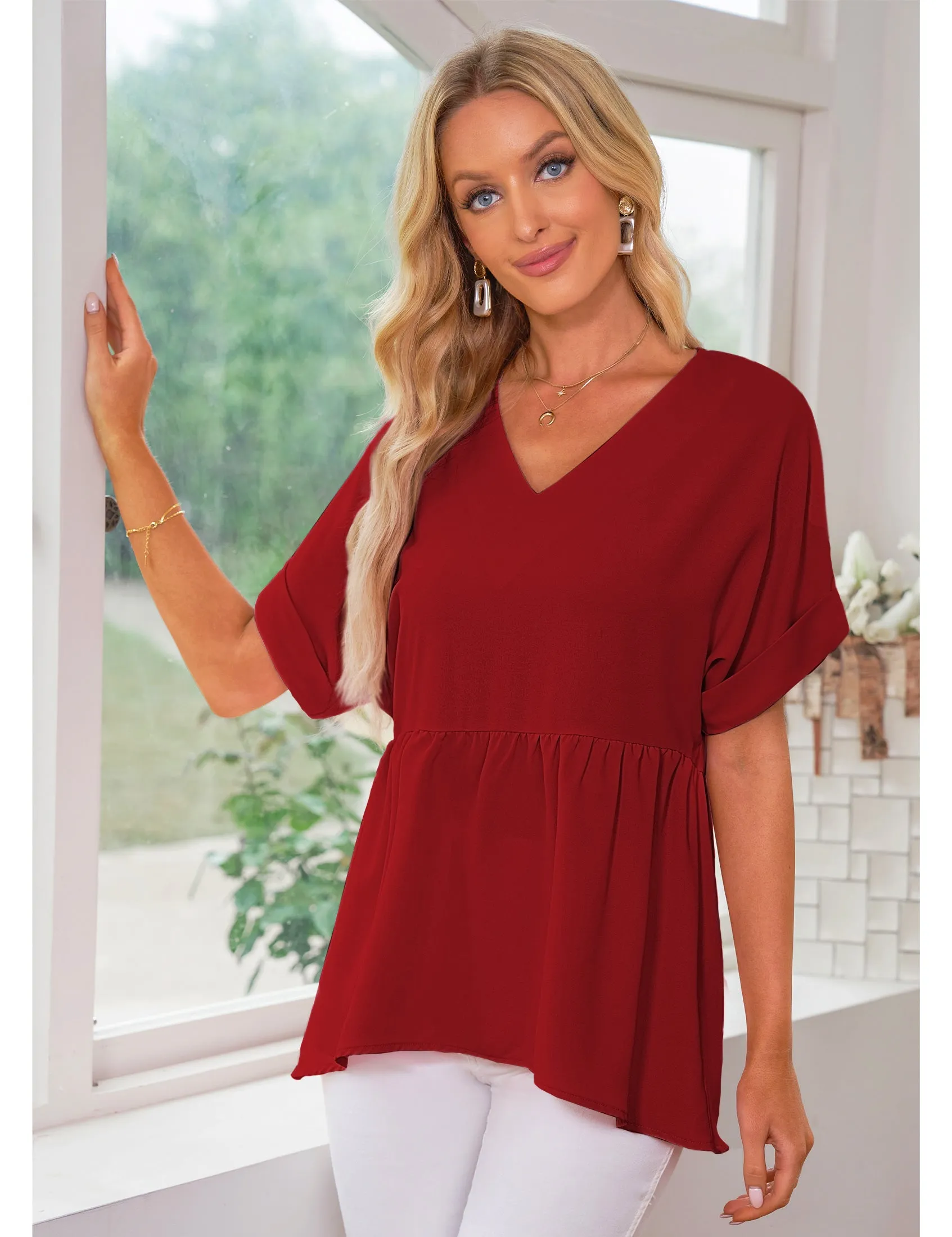 luvamia Blouses for Women Dressy Casual Babydoll Flowy Tops V Neck Tunic Tops Loose Fit Batwing Sleeves Summer