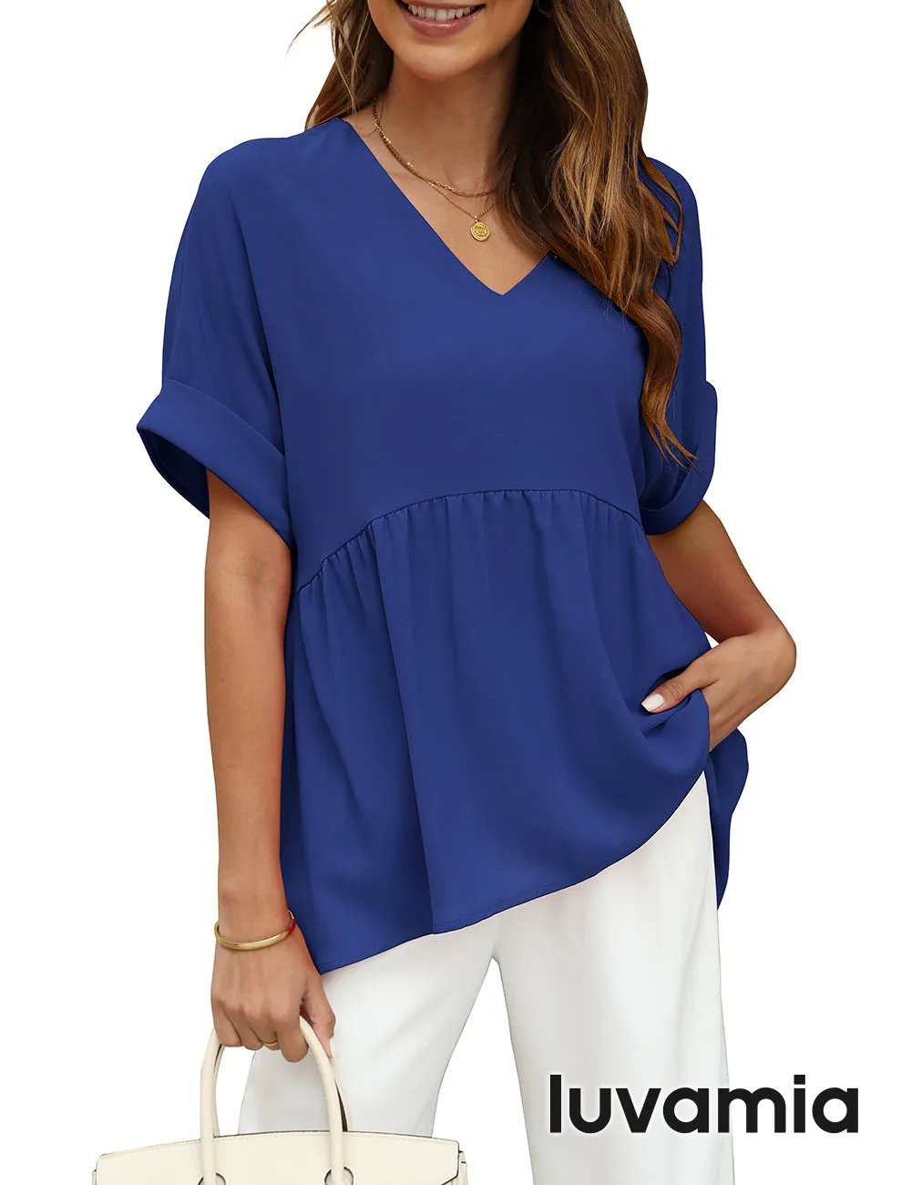 luvamia Blouses for Women Dressy Casual Babydoll Flowy Tops V Neck Tunic Tops Loose Fit Batwing Sleeves Summer