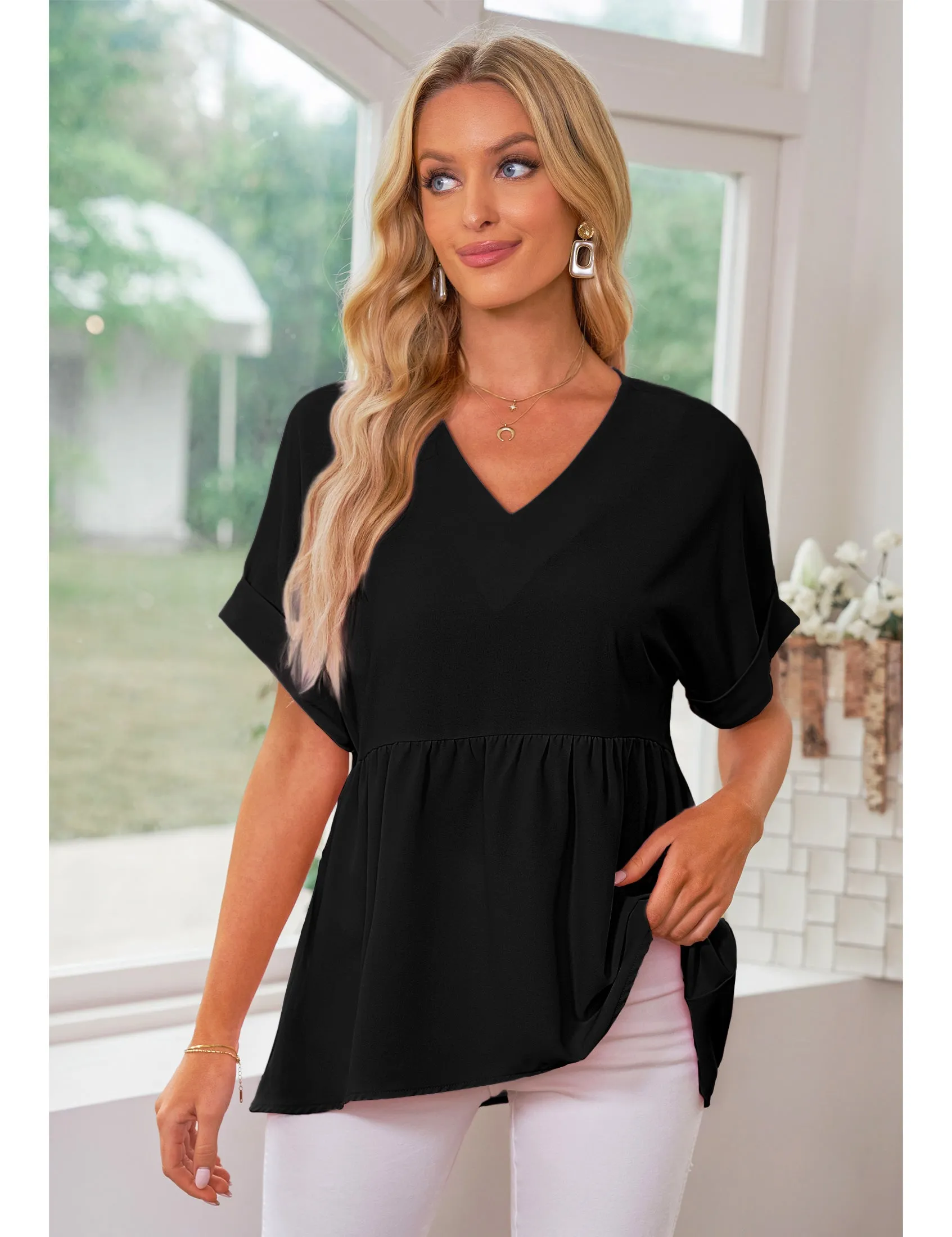 luvamia Blouses for Women Dressy Casual Babydoll Flowy Tops V Neck Tunic Tops Loose Fit Batwing Sleeves Summer