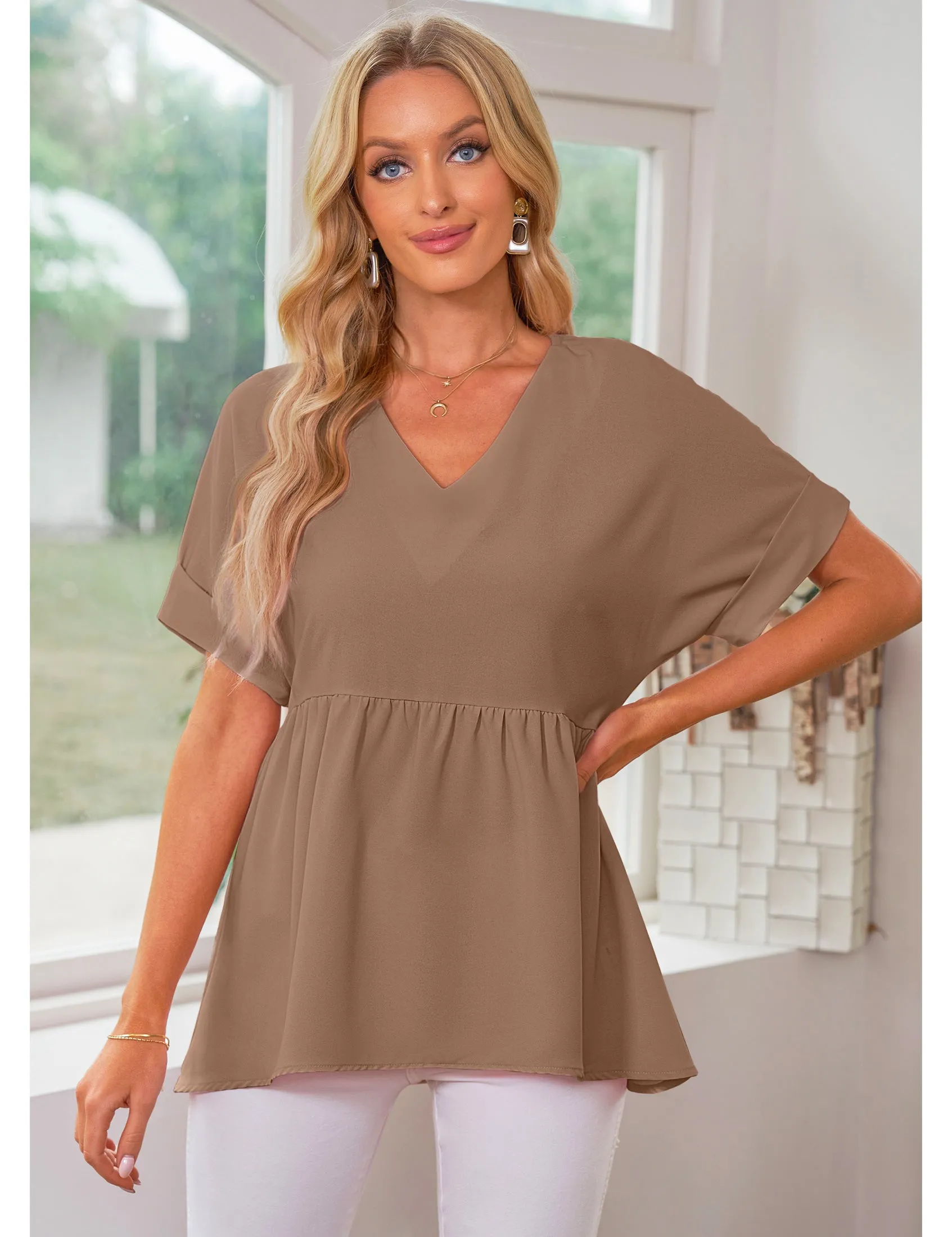 luvamia Blouses for Women Dressy Casual Babydoll Flowy Tops V Neck Tunic Tops Loose Fit Batwing Sleeves Summer