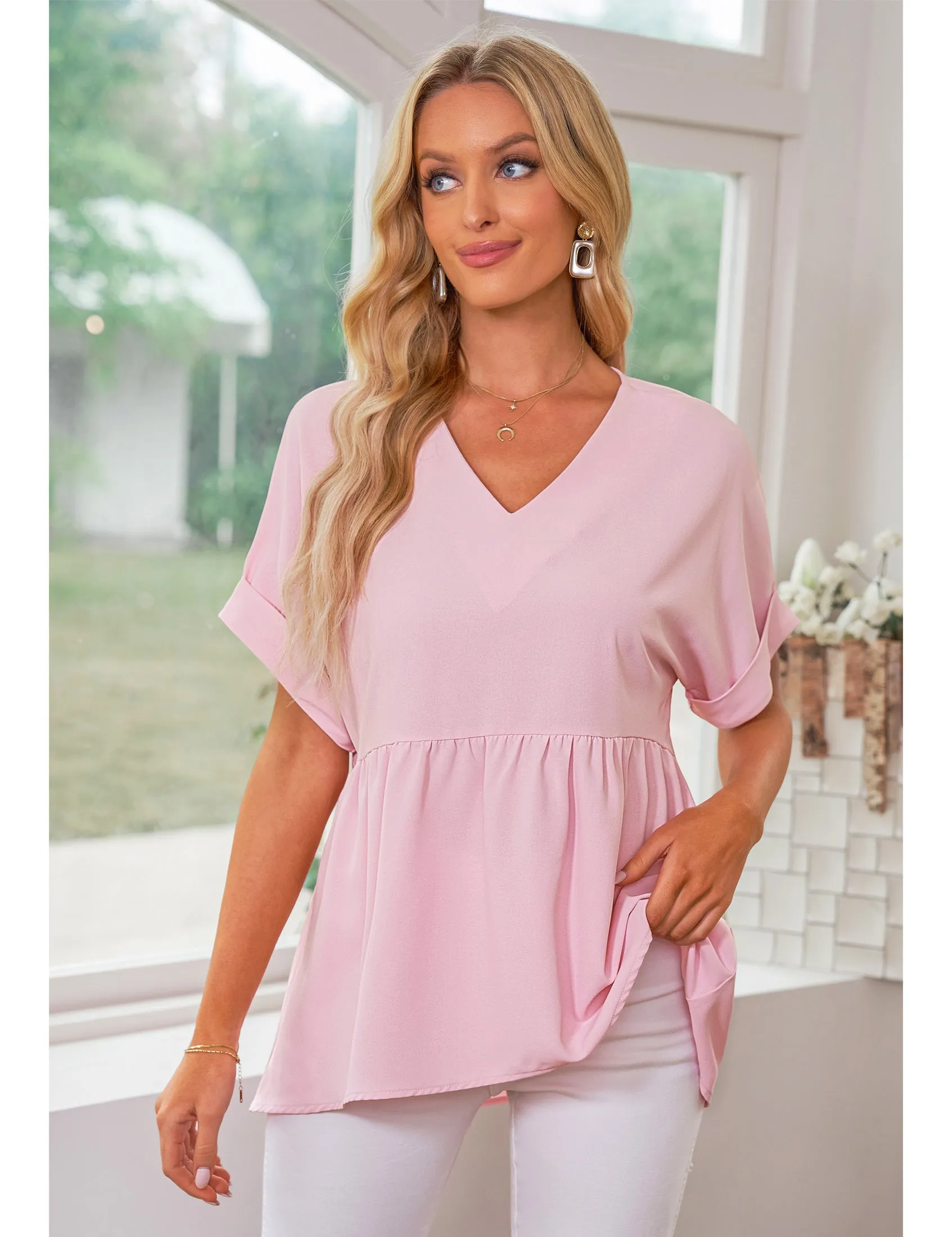 luvamia Blouses for Women Dressy Casual Babydoll Flowy Tops V Neck Tunic Tops Loose Fit Batwing Sleeves Summer